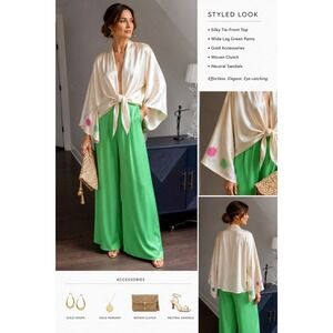 NWT Pippa Cream Satin Kimono Top & Pants Set S Resortwear Vacation Dopamine